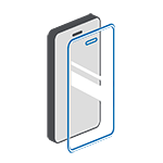 Graphic with reflective screen glass in front of a smartphone – symbolizes hardened screen protection.